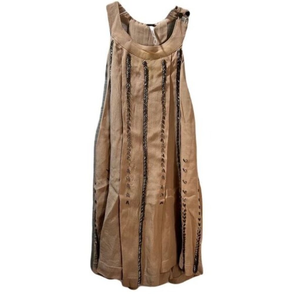 Free People Boho Tan Sleeveless Embroidered Midi Dress W/ Pockets XS‎